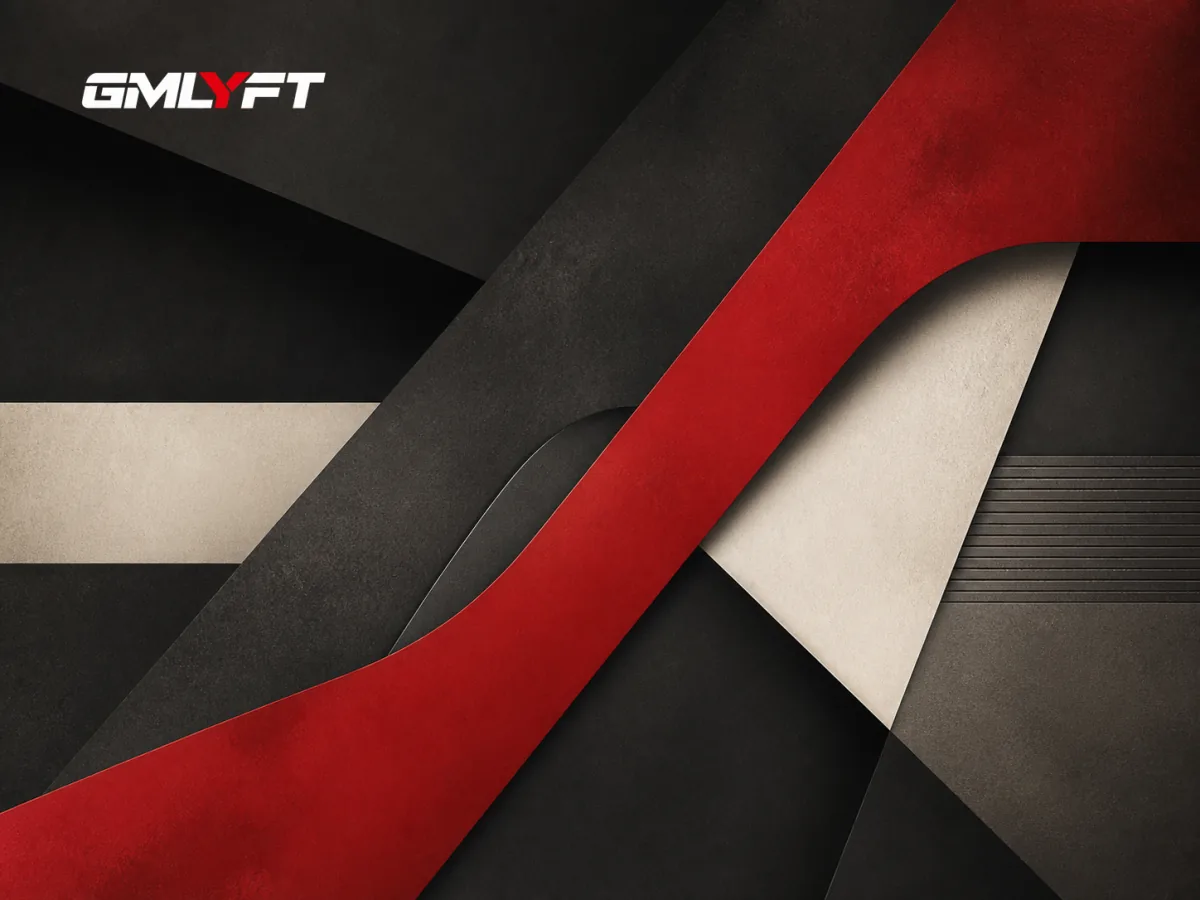 Abstract charcoal, red, and off-white shapes representing forward movement.
