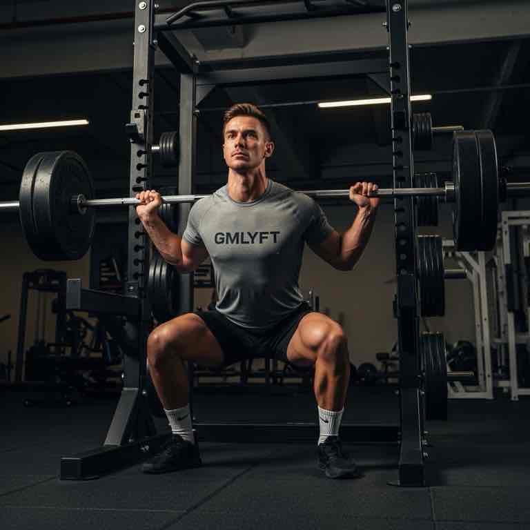 Lifter performing a barbell squat in a rack.