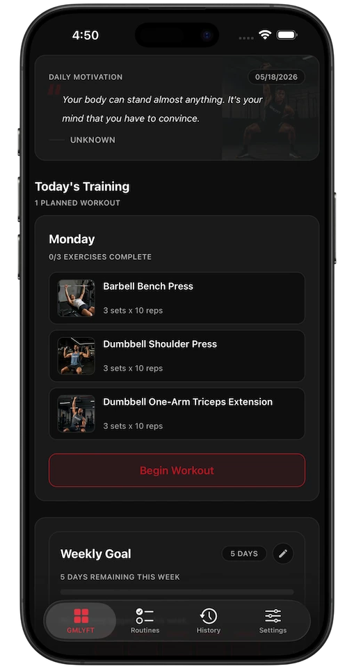 Preview of the GMLYFT workout tracker showing today's plan and weekly consistency tracking.