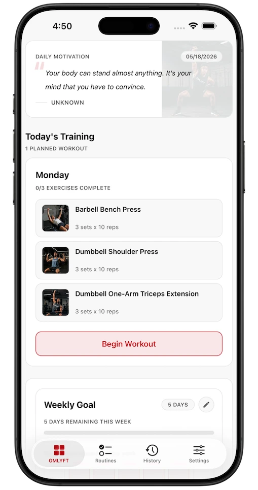 Preview of the GMLYFT workout tracker showing today's plan and weekly consistency tracking.