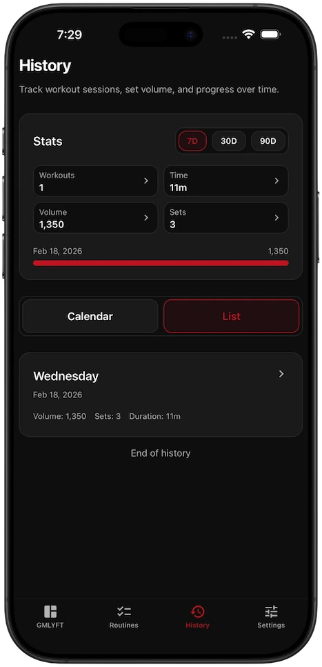 Dark mode screenshot for progress and history views in GMLYFT.
