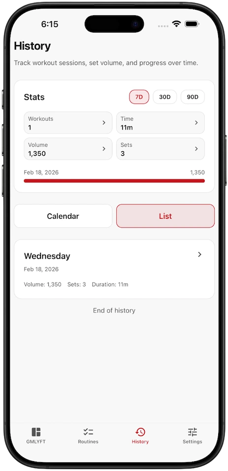 Light mode screenshot for progress and history views in GMLYFT.