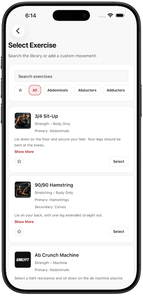 Light mode screenshot placeholder for the GMLYFT routine builder screen.