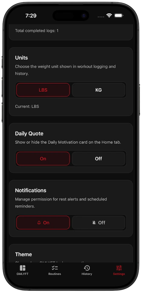 Dark mode screenshot for settings and personalization in GMLYFT.