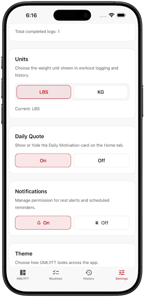 Light mode screenshot for settings and personalization in GMLYFT.