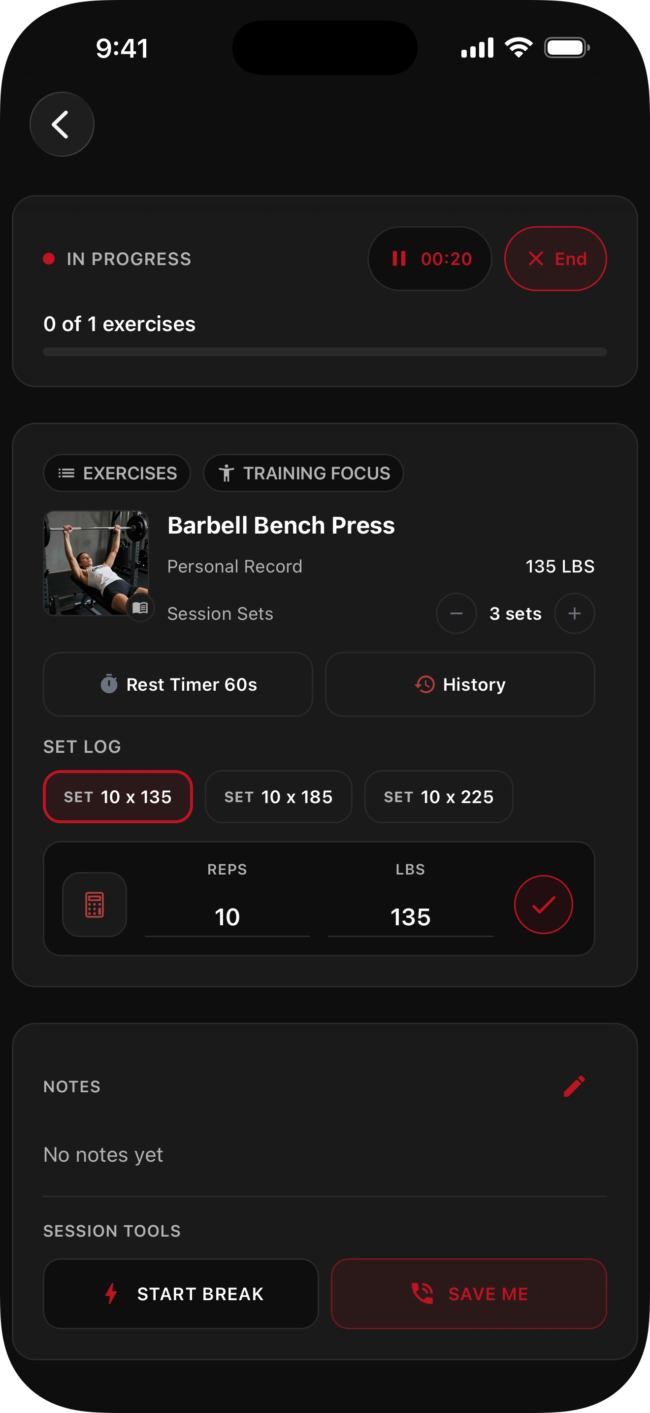 Preview of an active workout in GMLYFT.
