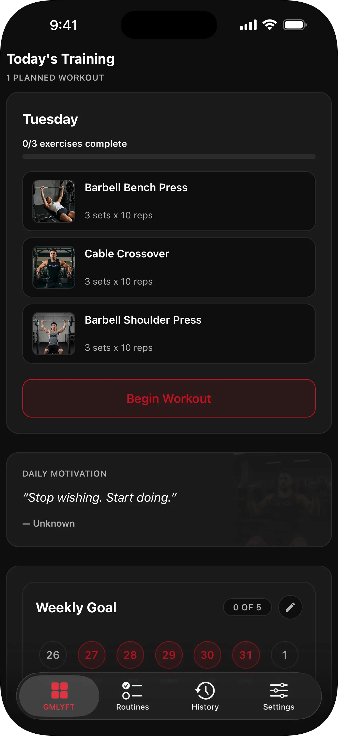 Preview of the GMLYFT workout tracker showing today's plan and weekly consistency tracking.