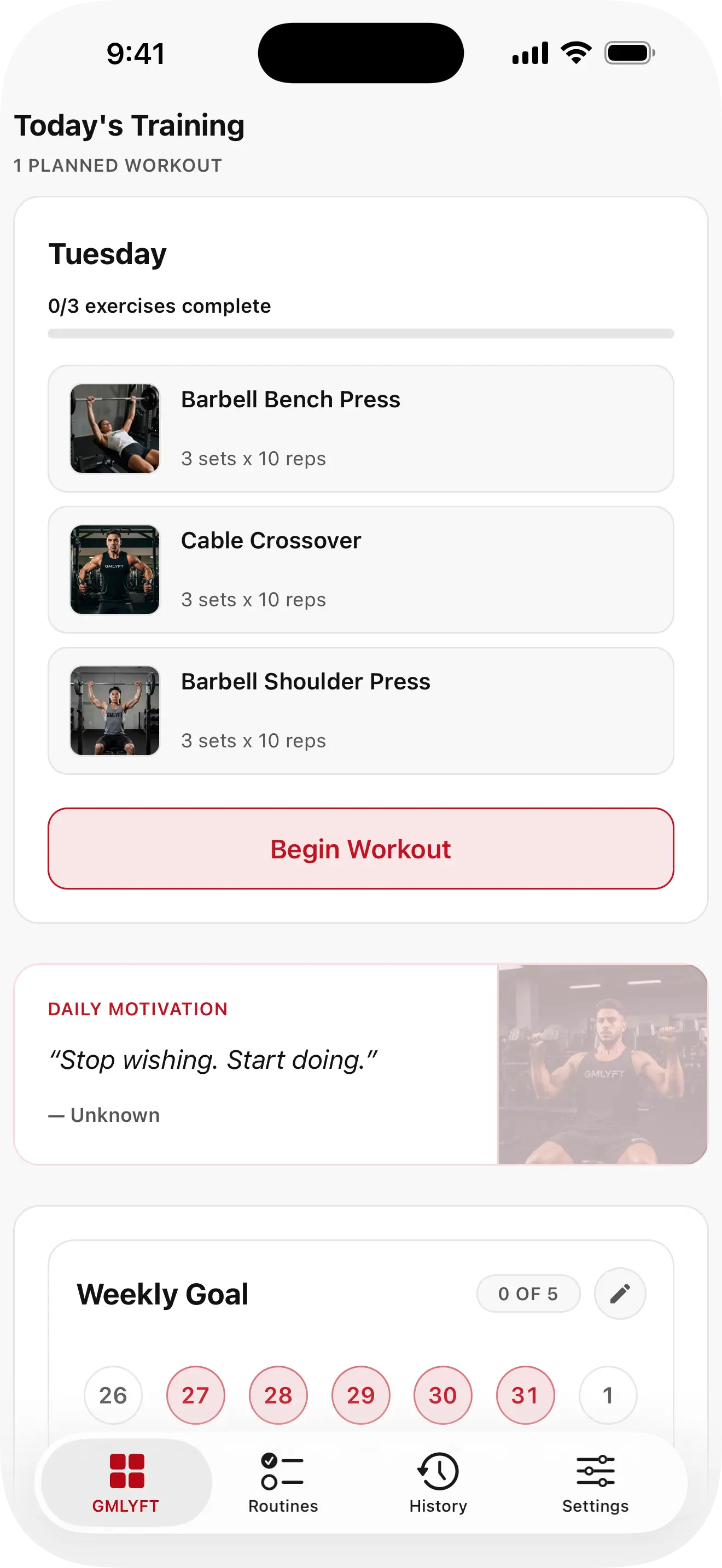 Preview of the GMLYFT workout tracker showing today's plan and weekly consistency tracking.