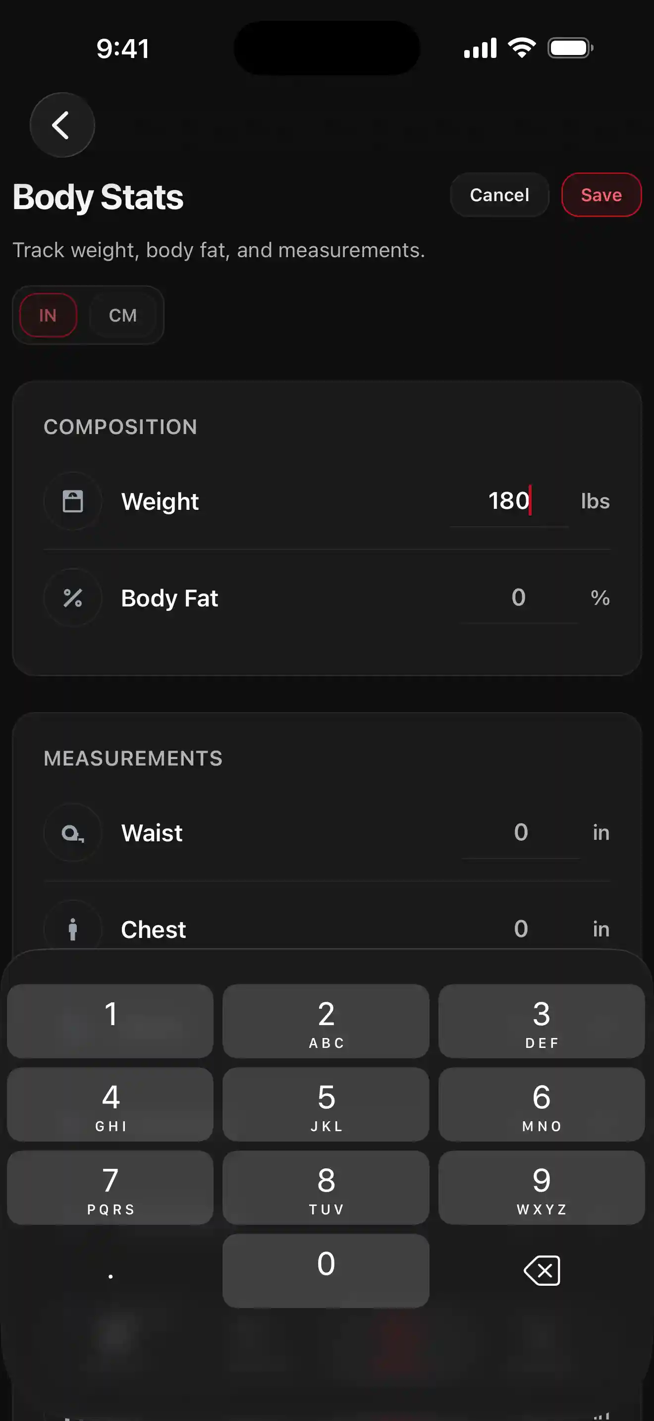 GMLYFT Body Stats screen for tracking weight, body fat, and measurements.