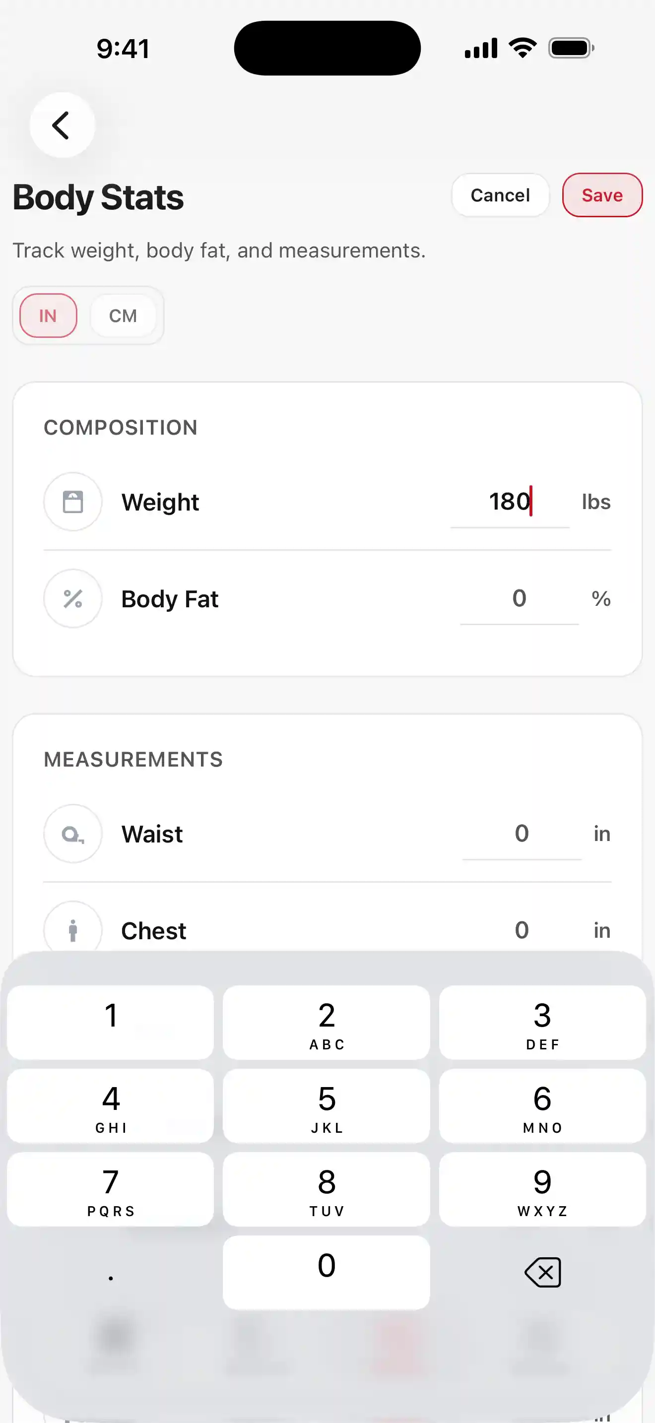 GMLYFT Body Stats screen for tracking weight, body fat, and measurements.