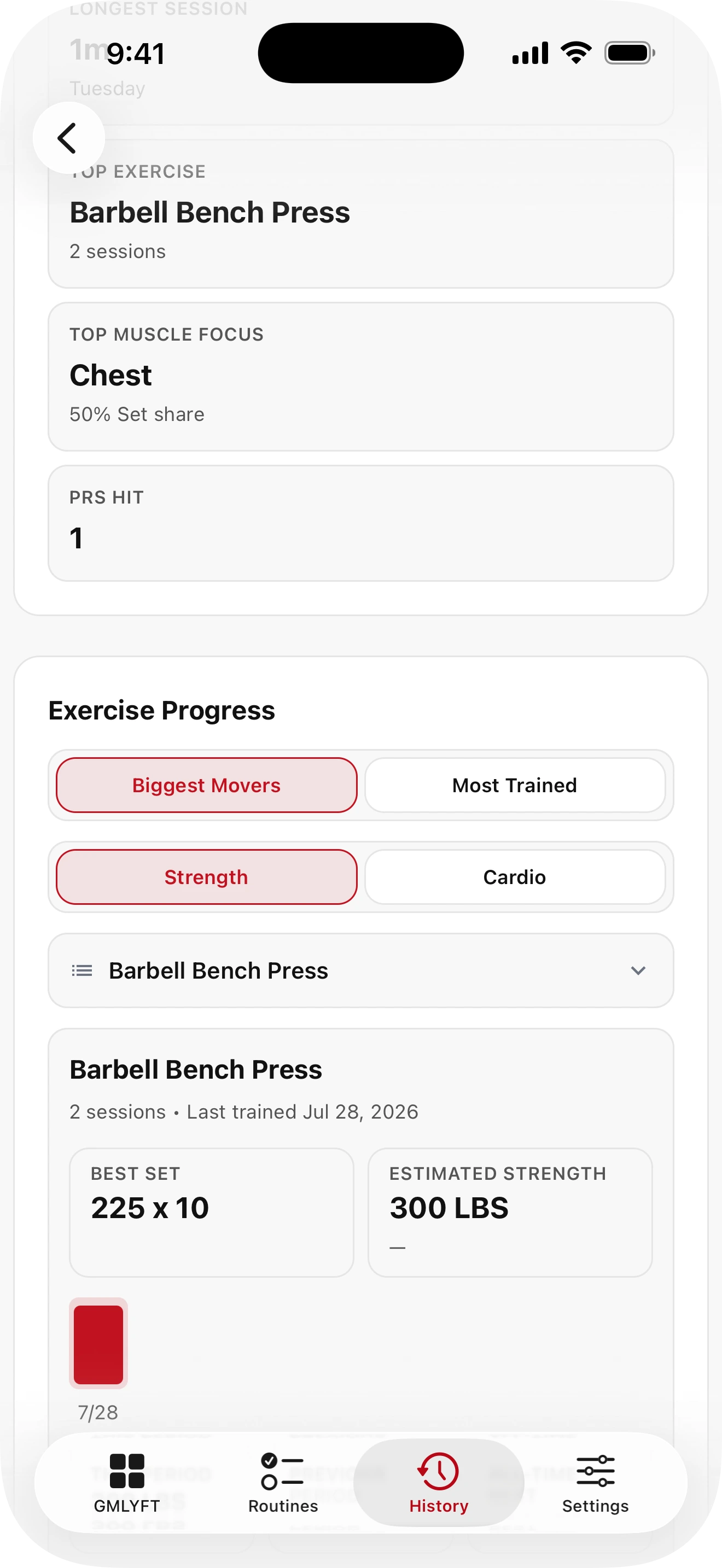 GMLYFT progress and workout history views.