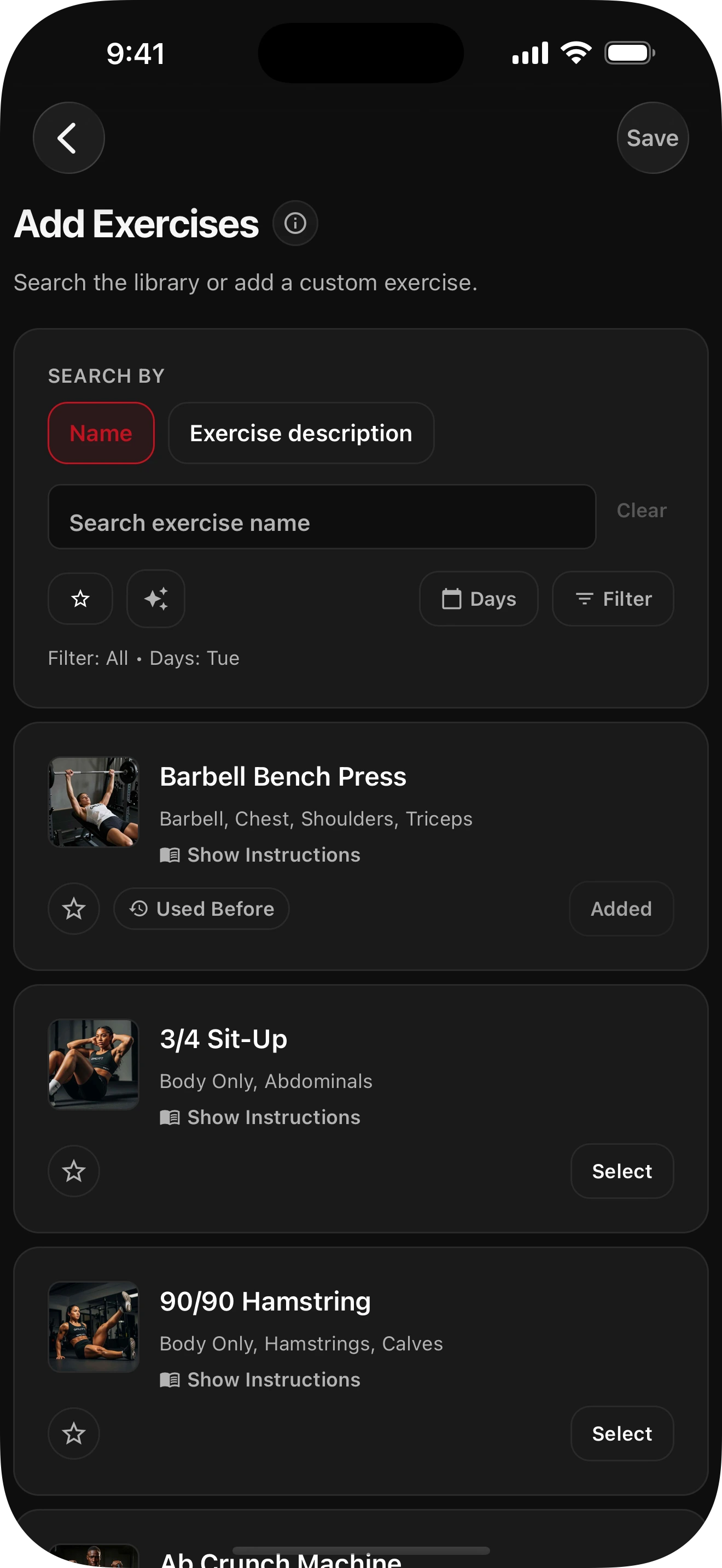 GMLYFT routine builder showing training days and exercise planning.