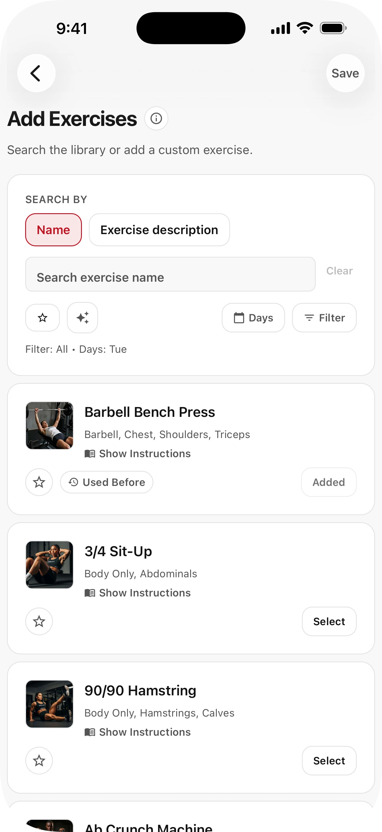 GMLYFT routine builder showing training days and exercise planning.