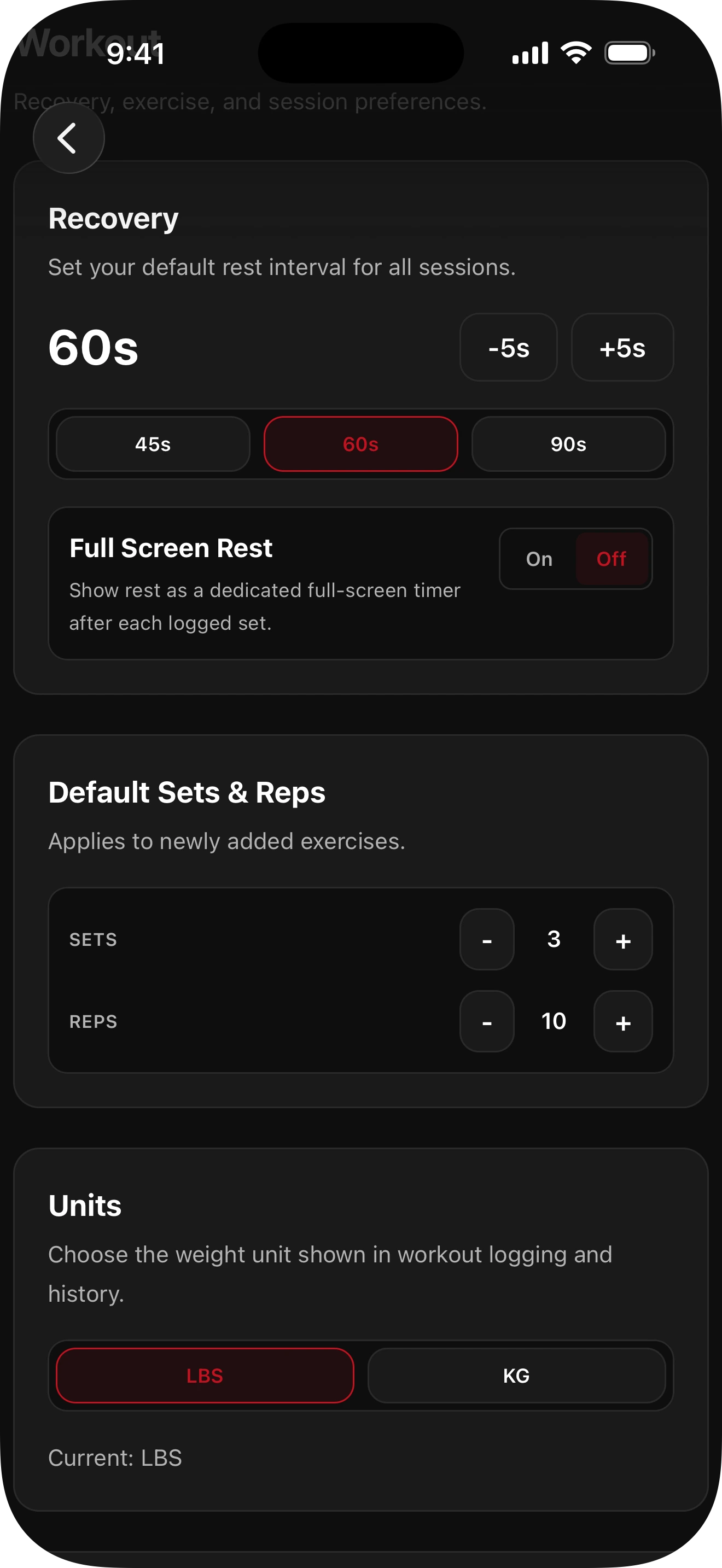 GMLYFT settings for recovery, units, and workout preferences.
