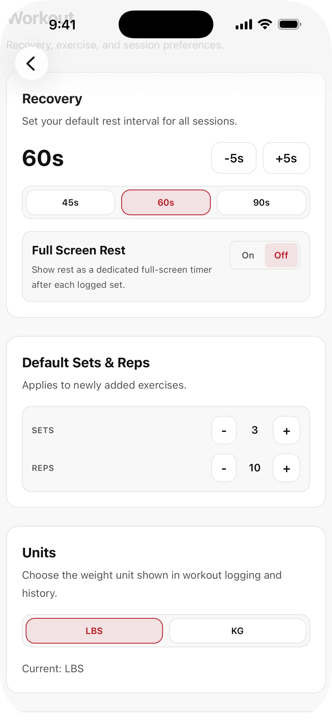 GMLYFT settings for recovery, units, and workout preferences.