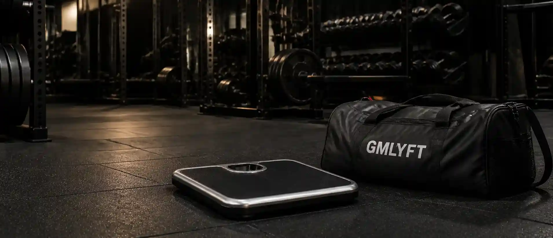 Gym scale and GMLYFT training bag on a gym floor