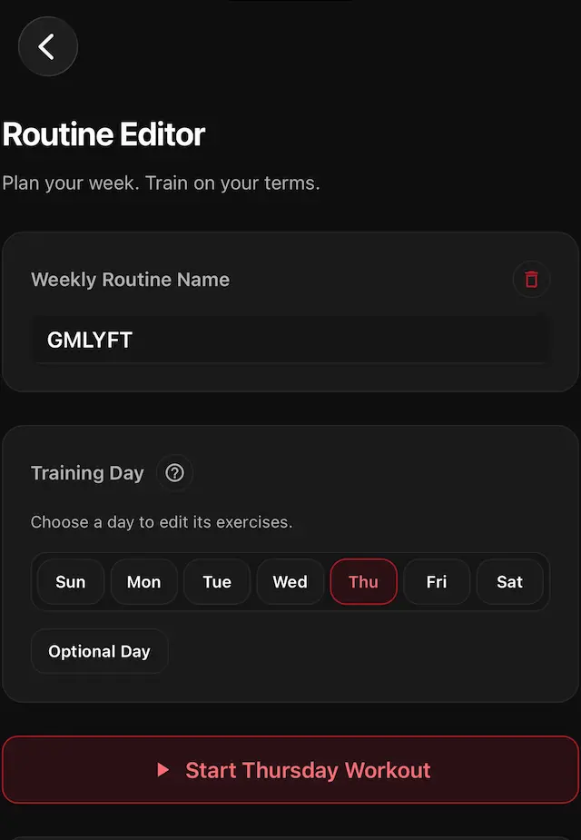 The GMLYFT Routine Editor with training day controls and a start workout button.