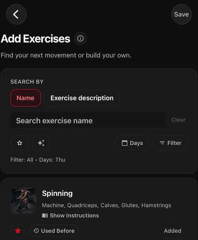 The GMLYFT Add Exercises screen with search and exercise filters.