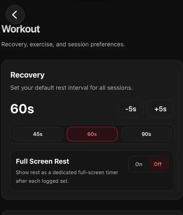 The GMLYFT Workout settings Recovery section with rest presets.