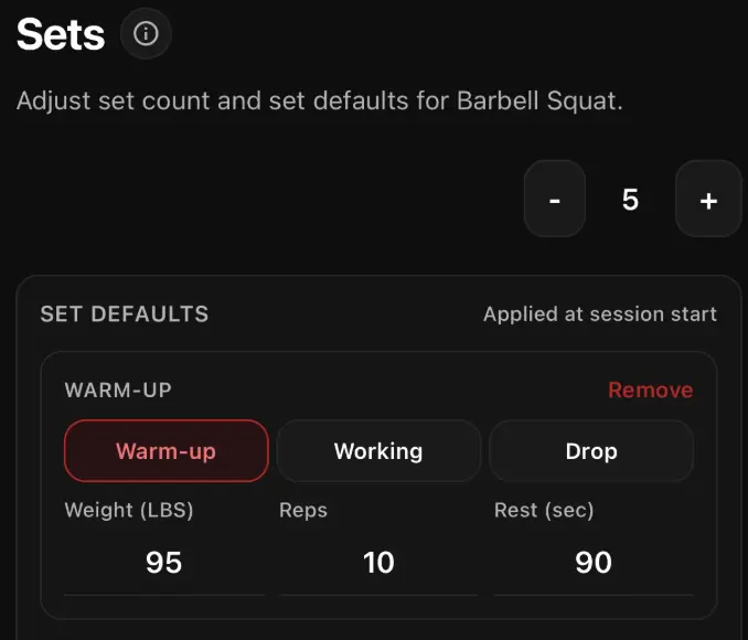 The GMLYFT Sets screen with Warm-up, Working, and Drop set choices.